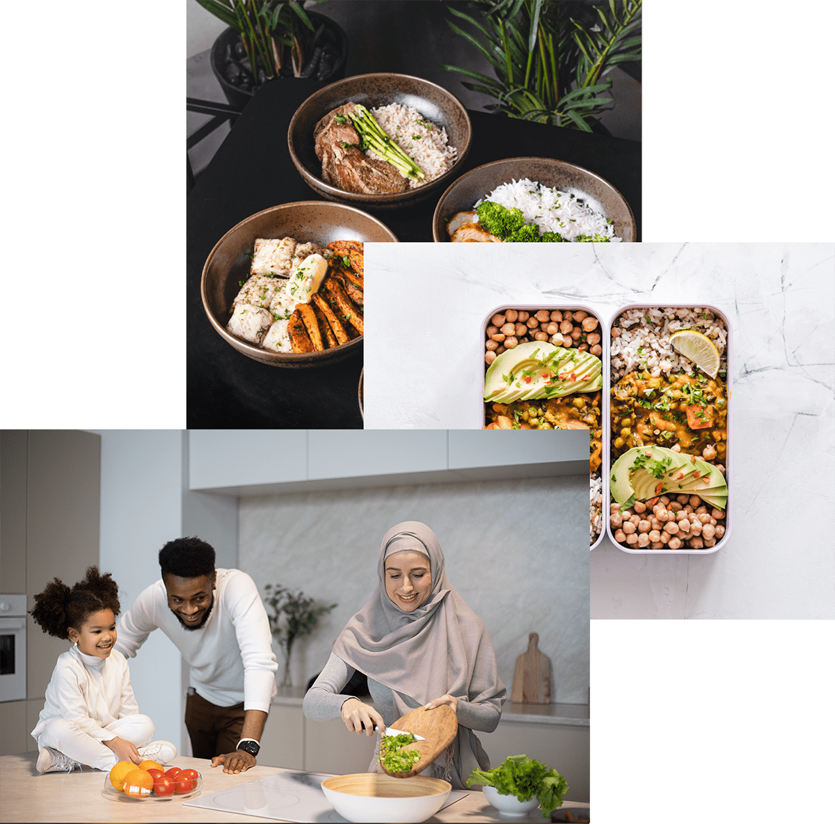 Woman enjoying food, meals in storage container, and food bowls on a table